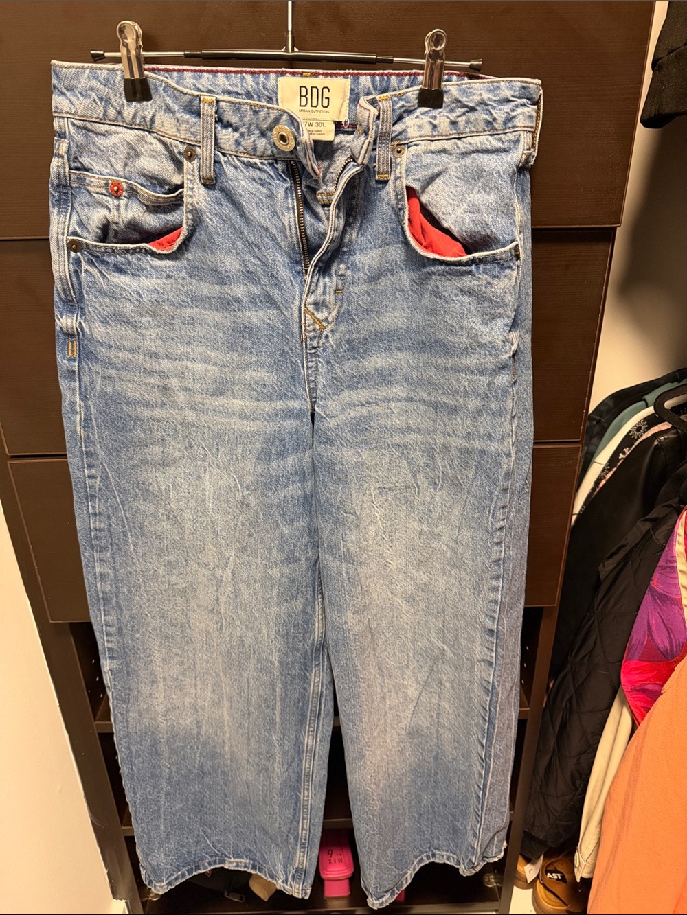 BDG  Light Blue mom Jeans with Red Contrast Stitching